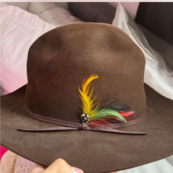 Brown Stetson Hat with Colorful Feather Accent 3X Rancher - Picture 3 of 7